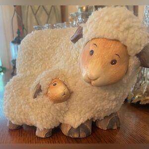 Mother Sheep With Lamb, Pottery & Wool Figurine, NOT a Stuffed Animal
